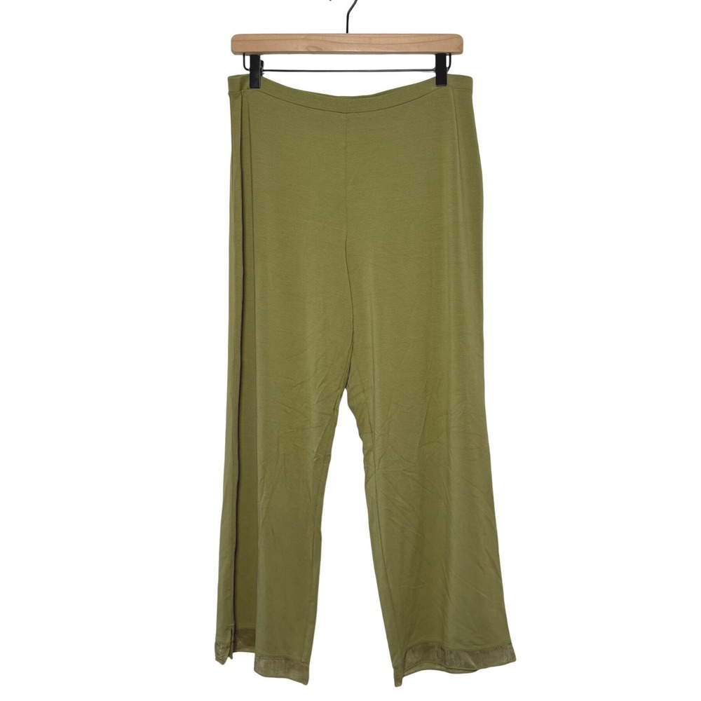 J.Jill Wide Leg Pants Olive Green Stretch Rayon Blend Satin Trim Medium New
